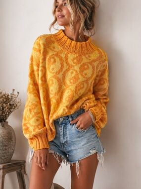 Free People Oversized Cowl Neck Sweater Yellow Orange Boho Chunky Knit S